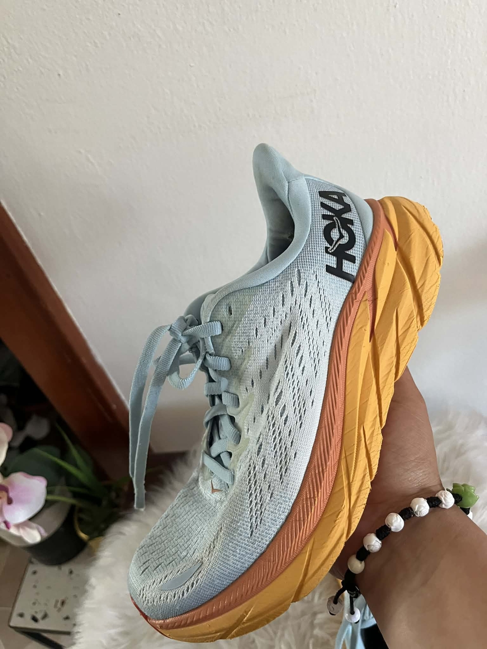 Hoka One One Women's Light Blue Running Shoes with Orange Accents - Picture 2 of 8